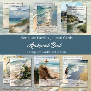 May include: A collection of 12 scripture cards with beach and ocean scenes. Each card features a different Bible verse and a corresponding image of the sea, sand, and sky. The cards are titled "Anchored Soul."