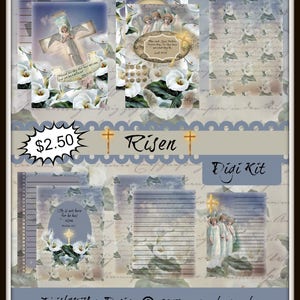 May include: A digital scrapbooking kit with a blue, white, and green color scheme. The kit features images of white calla lilies, angels, and a cross. The text "Risen" and "Digi Kit" are also included. The kit is priced at $2.50 and is for personal use only.