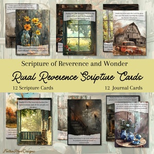 May include: Twelve scripture cards featuring rustic scenes with inspirational quotes from the Bible. The cards are ideal for journaling, reflection, or decoration.