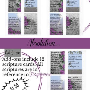 Puede incluir: Un conjunto de 12 tarjetas de escrituras con un fondo morado y detalles florales. Las tarjetas presentan varios versículos bíblicos sobre el perdón y la redención. El texto "Add-ons include 12 scripture cards. All scriptures are in reference to Forgiveness" está impreso en las tarjetas. El precio es de 1,50 €.