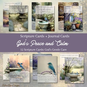 Puede incluir: Una colección de 12 tarjetas de escritura con ilustraciones de acuarela de pájaros, fuentes y jardines. Las tarjetas presentan citas inspiradoras y versículos bíblicos. El texto "God's Peace and Calm" se muestra en las tarjetas.