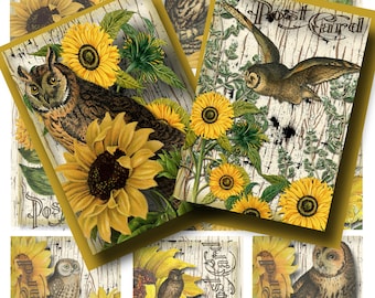 Printable ATC Collage sheet Labels Tags Scrapbooking Journal cards Ephemera Digital Owl Sunflowers Artist trading cards