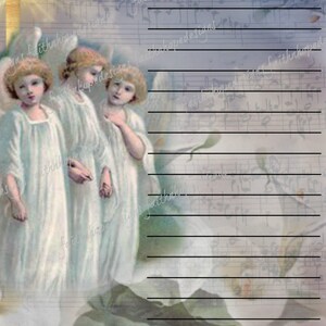 May include: Three angels with white wings and white robes stand in front of a cross. The background is a faded sheet of music with lines for writing.