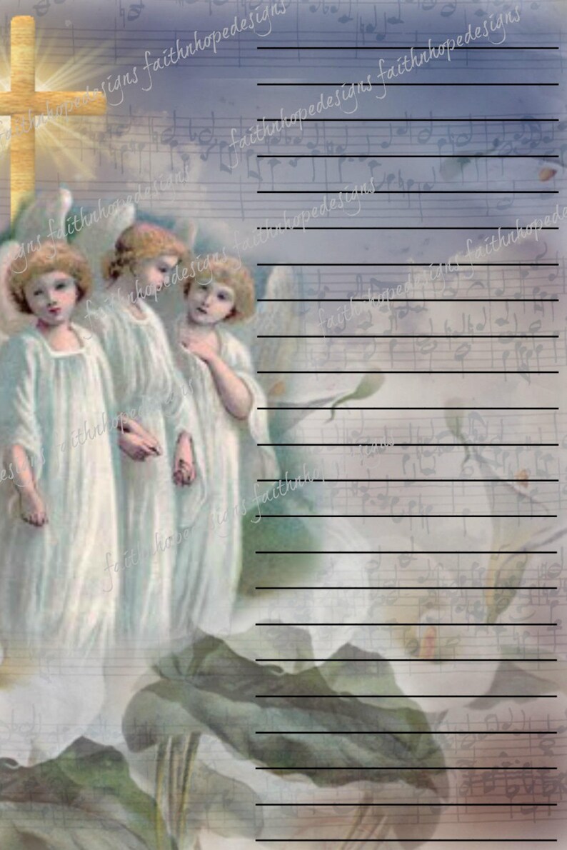 May include: Three angels with white wings and white robes stand in front of a cross. The background is a faded sheet of music with lines for writing.