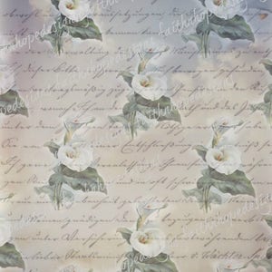 May include: A digital paper background featuring a pattern of white calla lilies with green leaves on a light beige background with handwritten text.
