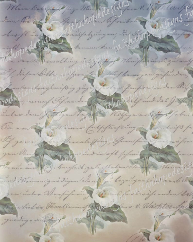 May include: A digital paper background featuring a pattern of white calla lilies with green leaves on a light beige background with handwritten text.