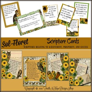 Könnte beinhalten: Ein Satz von 8 druckbaren Schriftkarten mit Sonnenblumen, Eulen und Vintage-Text. Die Karten sind im rustikalen Landhausstil gestaltet und enthalten Verse über Erfolg, Wohlstand und Erfolg.