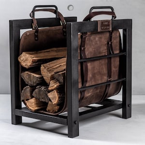 Firewood rack with leather bag Fireplace stand Indoor furniture Log storage Woodburner accessory Firewood holder Father day gift