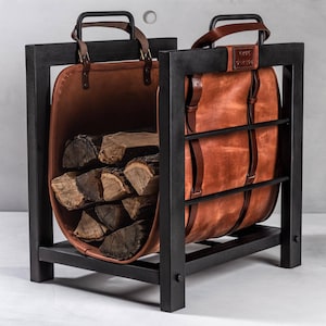 Firewood iron indoor stand with leather log carrier Fireplace furniture Father day gift