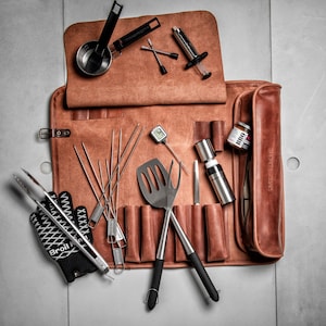 Bolsa para herramientas de parrilla Almacenamiento de herramientas de barbacoa Accesorio para parrilla Bolsa para cocinar al aire libre Regalo personalizado para chef Bolsa de cuero para barbacoa Accesorio para fiesta de parrilla