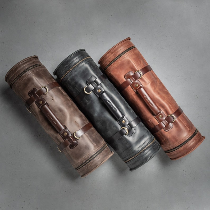 Black leather bartender roll bag Barman bag Portable bar kit Travel