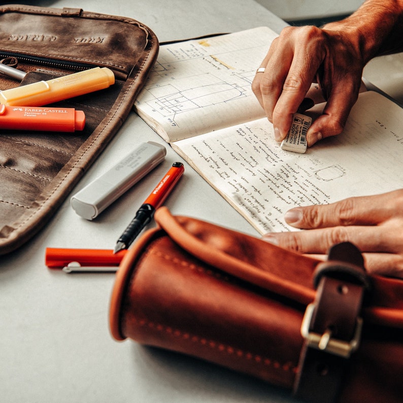 Leather Pencils case Artist organizer Journalist roll School supplies Leather pencils roll Fathers day gift image 1