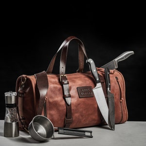 Chef tool bag by Kruk Garage Knife Utility bag Leather tool bag Cognac brown bag Workman bag Overnight bag Workshop bag