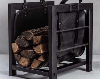 Firewood stand Indoors Woodburner Furniture Firewood Storage Log Rack with leather log carrier Firewood holder