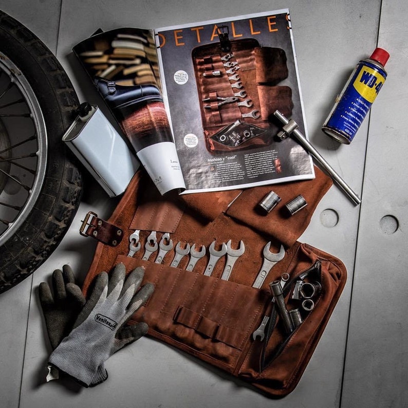 Leather tools roll bag with 11 slots Trunk organizer Car tools storage Wrenches organizer Motorbike organizer Garage storage image 1