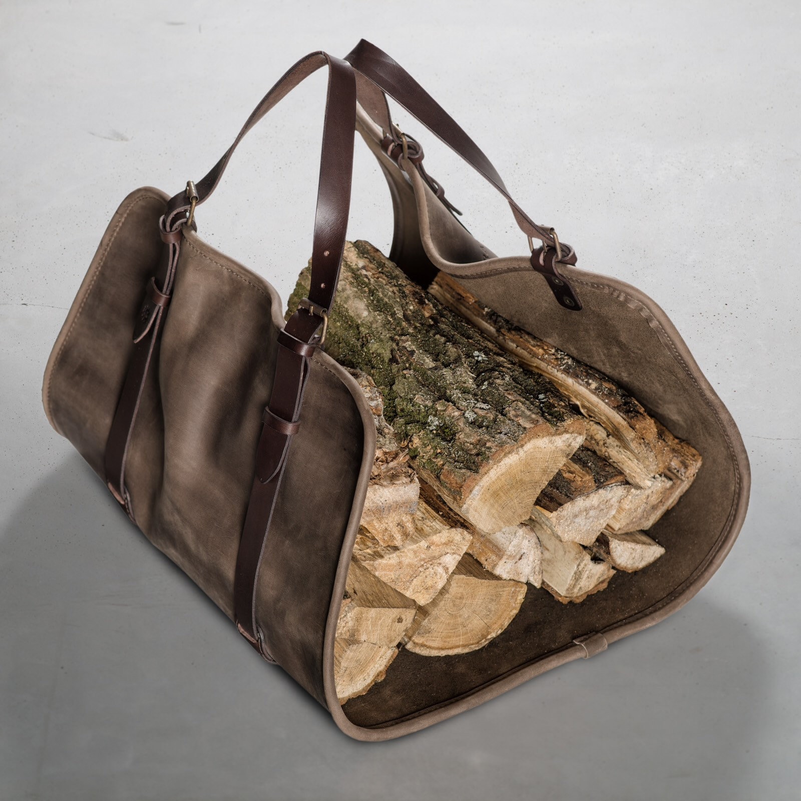 Leather Log Carrier by Kruk Garage Brown Firewood tote bag Etsy