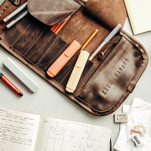 Stationery roll Artist organizer Roll up pencils case Leather pen roll Journalist roll case School accessory