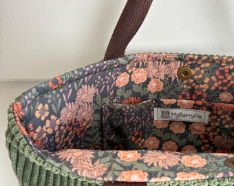 Green corduroy carry tote bag  / floral cotton lining / shopper tote