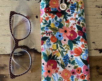 Garden Party petite fabric glasses case / Rifle Paper co / sunglasses case / button pouch