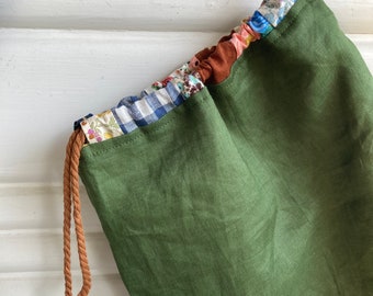 Green Linen drawstring bag / patchwork casing/ garment bag small / project bag  / travel bag / gift bag