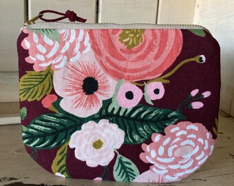 English Garden Juliet Rose Burgundy linen/canvas zipper pouch / Rifle Paper co / Accessory pouch / flat makeup pouch