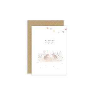 Carte Toujours là pour vous, carte souris, carte amitié, carte édifiante, peinture souris, carte pique-nique