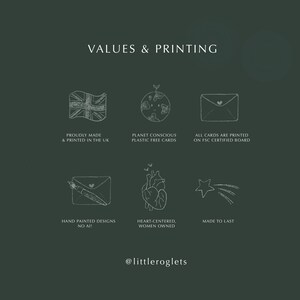 May include: A graphic with six icons and text describing the values and printing practices of a business. The icons depict a Union Jack flag, a globe, an envelope, a paintbrush and envelope, a heart, and a shooting star. The text includes "Proudly Made & Printed in the UK", "Planet Conscious Plastic Free Cards", "All Cards are Printed on FSC Certified Board", "Hand Painted Designs No AI!", "Heart-Centered, Women Owned", and "Made to Last". The graphic also includes the text "@littleroglets".