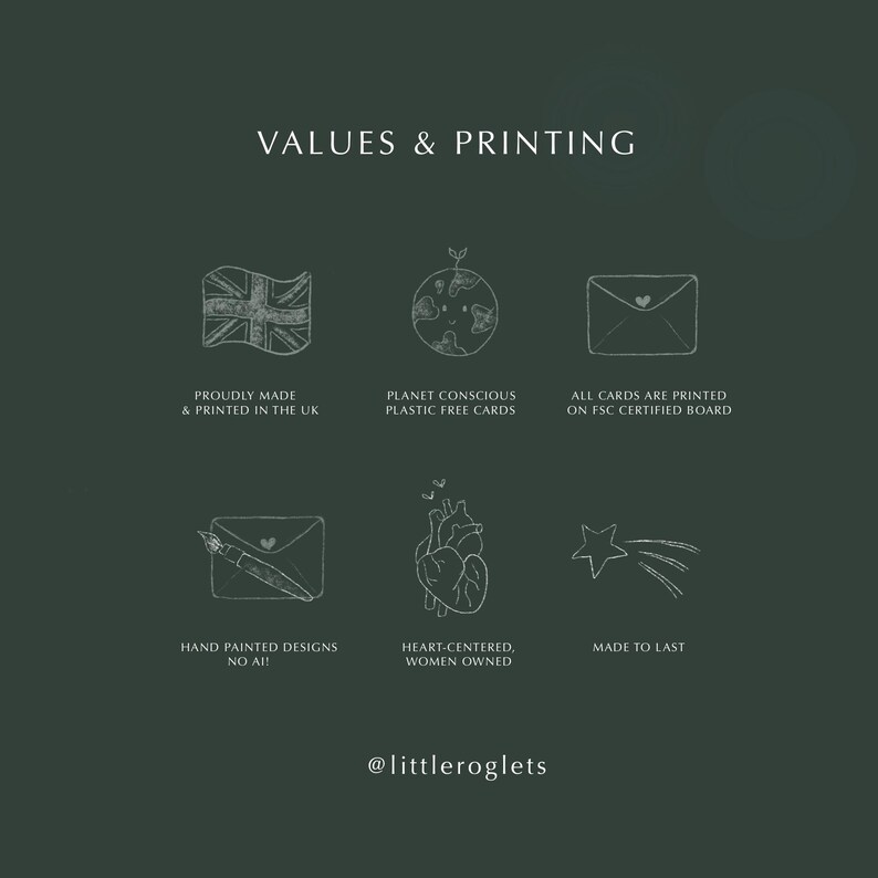 May include: A graphic with six icons and text describing the values and printing practices of a business. The icons depict a Union Jack flag, a globe, an envelope, a paintbrush and envelope, a heart, and a shooting star. The text includes "Proudly Made & Printed in the UK", "Planet Conscious Plastic Free Cards", "All Cards are Printed on FSC Certified Board", "Hand Painted Designs No AI!", "Heart-Centered, Women Owned", and "Made to Last". The graphic also includes the text "@littleroglets".
