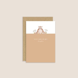 Du bist in meinen Gedanken Karte, Eule Karte, denke an Dich Karte, Eule Illustration, Beileid Karte, süße Eule Malerei, Frühlings Karte