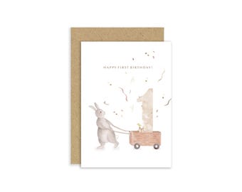 Tarjeta de primer cumpleaños, Tarjeta de primer cumpleaños, Tarjeta de cumpleaños de conejito, Tarjeta de cumpleaños del bosque, Tarjeta de conejo, Tarjeta de feliz primer cumpleaños
