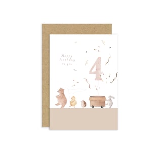 Biglietto di auguri per il 4° compleanno, biglietto per festa dei bambini, biglietto con orso, biglietto di auguri per il compleanno nel bosco, biglietto per il quarto compleanno, biglietto con pulcino, biglietto con coniglietto, biglietto con riccio