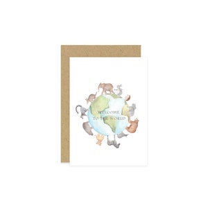 Carte Bienvenue dans le monde, carte planète Terre, carte nouveau bébé, carte animal découpé, animaux du monde