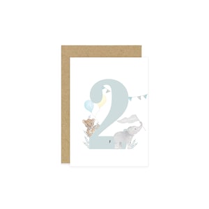 Tarjeta de segundo cumpleaños, tarjeta de cumpleaños para niños, tarjeta de feliz cumpleaños, tarjeta de guardería de safari, tarjeta de elefante, tarjeta de número, tarjeta de cumpleaños de animal