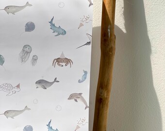 Papier do pakowania prezentów „Podwodny świat”, Arkusz do pakowania prezentów „Ocean”, Papier do pakowania rekinów, Papier do pakowania zwierząt