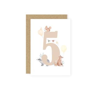 Carte 5e anniversaire, 5e anniversaire d'enfant, carte d'anniversaire, carte numérique, animaux de la forêt, carte de chambre d'enfant de la forêt