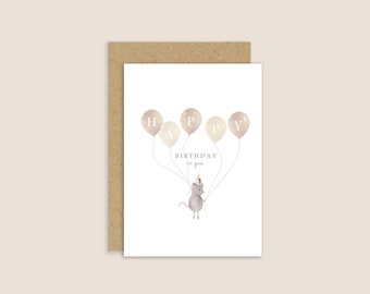 Mouse Birthday Card, Cute Birthday Card, Neutral Birthday Card, Hedgehog watercolour, Balloon Birthday Card