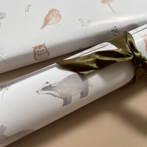 May include: A roll of white wrapping paper with a woodland animal theme. The paper features illustrations of a badger, a squirrel, a bird, an owl, and a robin. The paper is tied with a green ribbon.