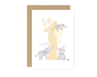 First birthday card, elephant card, 1st birthday card, one today, happy 1st birthday, number card, kids birthday card, first birthday