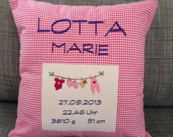 Name cushion with dates of birth