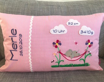 Name cushion for birth and baptism, with dates of birth