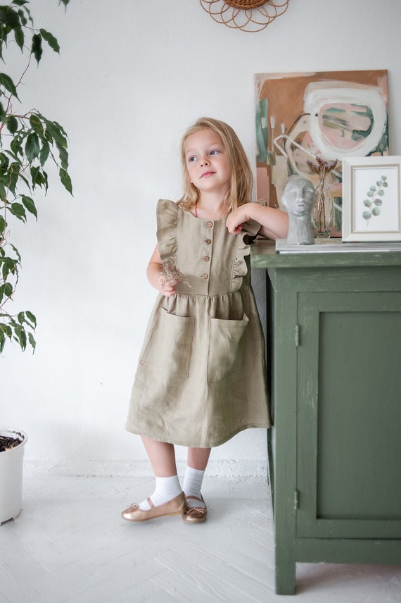 Linen dress girls loose dress blue ruffle dress flower girl | Etsy