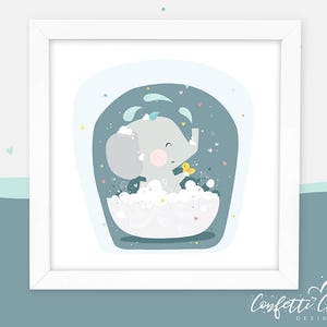 May include: A cute cartoon elephant taking a bath in a white tub with blue water and bubbles. A yellow bird is flying above the elephant. The image is set against a blue background with white hearts and stars.