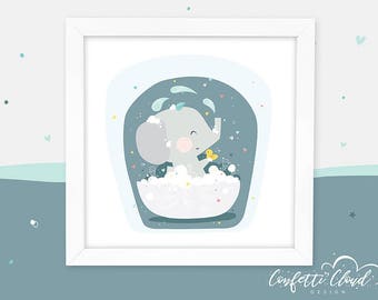 Lindo elefante bañarse imprimible imagen vivero pared arte, descarga instantánea, baño, bebé, habitación de los niños, diversión, decoración, rutina nocturna