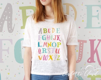 Colorido alfabeto de los niños, ABC imprimible para la habitación de los niños, decoración del alfabeto imprimible de la guardería, camiseta de abc de los niños, almohada del alfabeto para la habitación de los niños, ABC