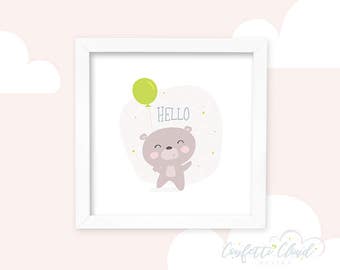 Hola oso de peluche & globo imprimible imagen, arte de pared de la guardería linda, descarga instantánea, decoración de la habitación de los niños, bebé, decoración de la habitación, ilustración