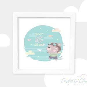Dream Big, Pilot Teddy Bear Printable Picture, Cute Nursery Wall Art, Instant Download, Kids Room, Cute Baby Room Decoration, Paper Planes