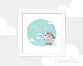 Sueño grande, piloto oso de peluche imprimible imagen, arte de pared de la guardería linda, descarga instantánea, habitación de los niños, decoración de la habitación del bebé lindo, planos de papel