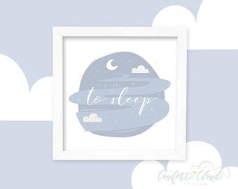 Tiempo para dormir imagen imprimible, lindo vivero arte de la pared, descarga instantánea, decoración de la habitación de los niños, azul, decoración de la habitación del bebé, luna, estrellas, nubes