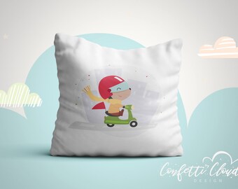 Lindo osito en el scooter felizmente conduciendo por la ciudad, oso de peluche que conduce la imagen imprimible de la moto, decoración de la habitación de los niños de los niños, vivero de los niños