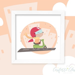 Cute little teddy bear on scooter happily driving around town, Teddy bear driving motorbike printable, Scooter kids room decor, Boys nursery
